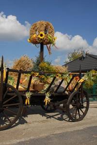 Ländliches Symbol: Der Erntedankwagen zum jährlichen Erntedankfest in Zwebendorf